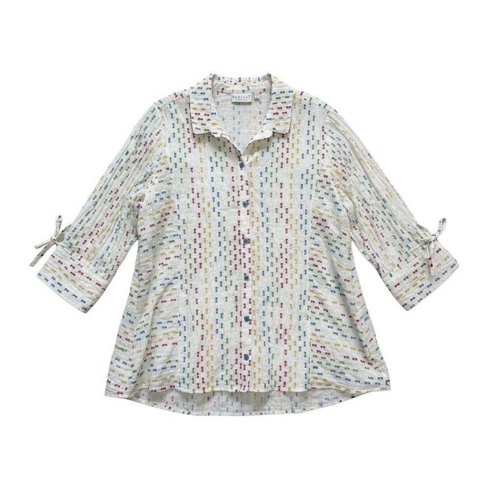 Habitat Clothes To Live In White Multi Color Embroidered Button Up Top Large